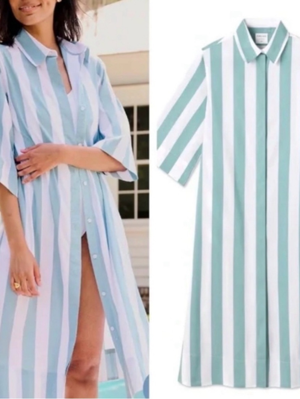 LAKE x Atlantic-Pacific Striped Mint and White Maxi Shirt Dress
